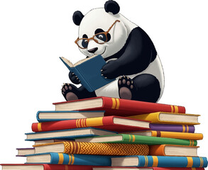 Smart Panda Reading a Book While Sitting on a Colorful Stack of Books © yayan