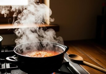 A rustic kitchen features a steaming pot on a gas stove, illuminated by natural light from a window.
