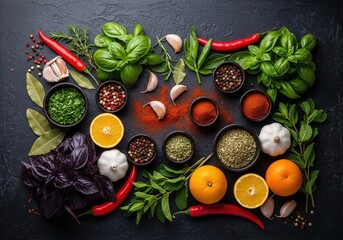 A vibrant assortment of colorful spices, herbs, garlic, and citrus fruits are artfully arranged on a dark surface.