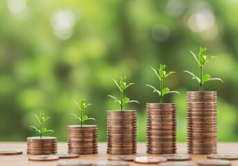 Growing money on stacks of coins with green plants symbolizing financial growth