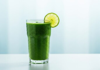 A vibrant green smoothie in a glass is garnished with a lime slice, on a marble surface.