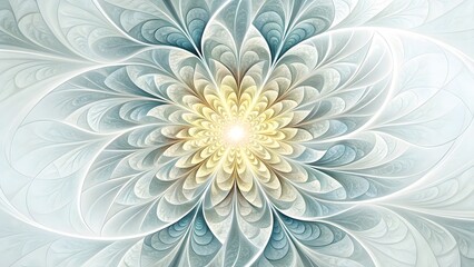 Abstract floral design with teal and yellow petals radiating from a central bright light source