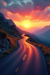 Winding Road to Sunset A Serene Journey of Exploration and Adventure through Rolling Hills