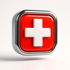 Obraz premium Glossy red square button with white plus sign and chrome border isolated on white background