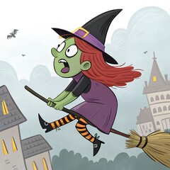 A cartoon witch with green skin and red hair flies on a broomstick. She wears a black hat and a purple dress with orange striped stockings. A spooky background features buildings and bats.