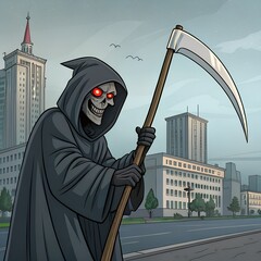 A cartoon grim reaper stands on a city street. The figure wears a dark hooded cloak and has glowing red eyes, holding a large scythe. Skyscrapers are in the background.
