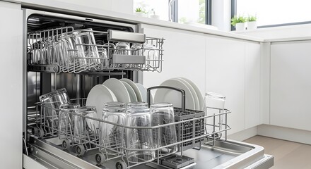 Clean Dishes Gleaming Glasses Modern Kitchen Appliance Stainless Steel Dishwasher Ready For Next Load Spotless Cleanliness Efficiency Convenience