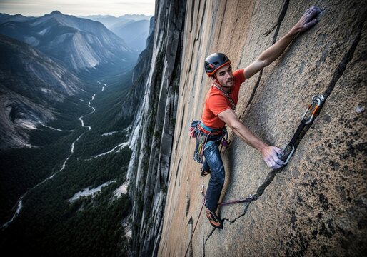 A skilled rock climber ascends a massive granite cliff, with a winding river valley below.