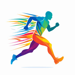 Abstract Geometric Runner in Motion with Vibrant Rainbow Colors on White Background