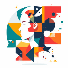 Abstract Geometric Profile of a Woman with Vibrant Colors and Shapes Modern Design on a White Background