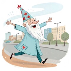 A cheerful elderly man with a long white beard and a blue wizard hat adorned with red stars. He wears a blue coat and walks joyfully on a city street.