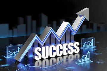 Success business growth arrow chart 3D render blue neon holographic data visualization analytics dashboard futuristic technology concept
