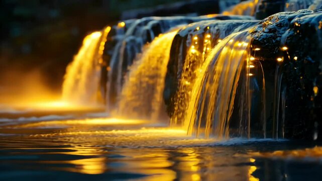 Golden waterfall cascading over dark rocks at night