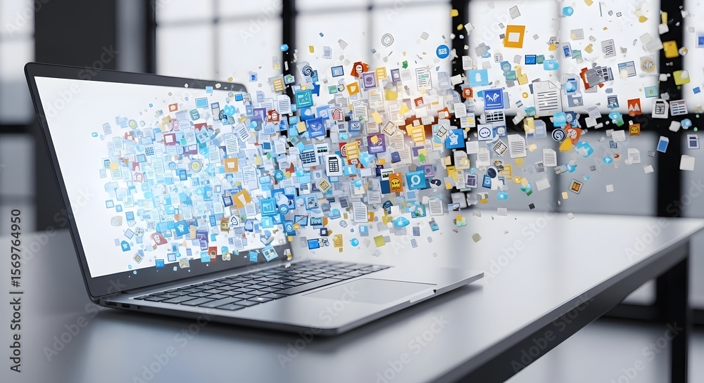 Fototapete Data explosion from laptop screen, colorful file icons burst forth, signifying digital information overflow and modern technology.