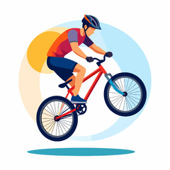 Fototapeta premium Athlete Leaping with Red Mountain Bike Wearing Helmet and Colorful Jersey in Blue Circle Background Graphic