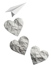 Fototapeta premium Crumpled paper hearts float gracefully beneath paper airplane, symbolizing love and creativity in whimsical design