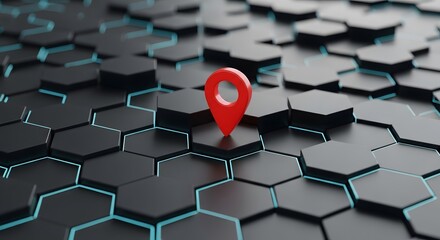 Navigating the Digital Landscape A Red Locator Pin Stands Out Amidst a Field of Dark Hexagons, Highlighting a Specific Location or Data Point in a Complex System.
