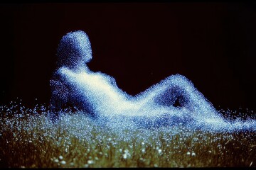 A glowing figure lying in a field.