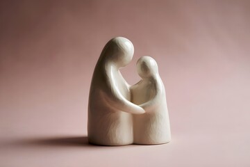 Abstract wooden sculpture of two figures embracing, minimalist art piece showing love and connection, handcrafted home decor on a neutral background