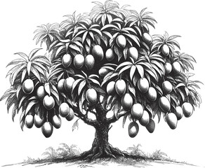 Sweet Harvest: Mangoes Dangling in Green Mango tree fruit vintage linework ink sketch hand drawn pen drawing summer vector illustration background