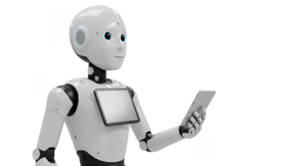 A sleek, white robot holding a tablet, seemingly interacting with the device.