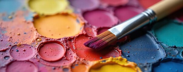 Artists Paintbrush on Vibrant Palette Ready for Painting in Creative Studio