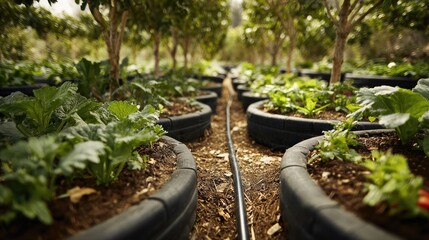 Raised garden beds with irrigation hose laid between rows of vegetables