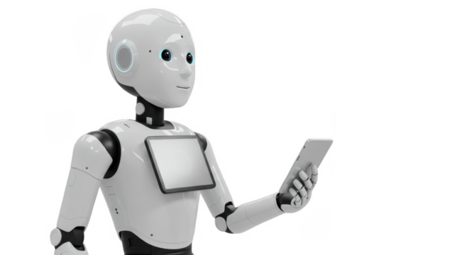 A sleek, white robot holding a tablet, seemingly interacting with the device.