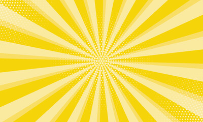Radiant yellow background. Pop art comic book background. Sunburst yellow background with radial lines and halftone dots. 