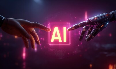 A human hand and a robotic hand reaching out toward each other, A Futuristic digital concept of artificial intelligence.