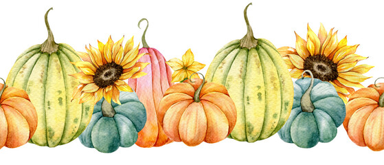 Seamless Fall Garland with Pumpkins, Sunflowers and Leaves. Fall Seamless Horizontal  Background. Autumn Watercolor Illustration. Fall Flower Design. Fall Botanical garland seamless. Border Frame