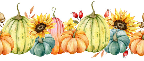 Seamless Fall Garland with Pumpkins, Sunflowers and Leaves. Fall Seamless Horizontal  Background. Autumn Watercolor Illustration. Fall Flower Design. Fall Botanical garland seamless. Border Frame