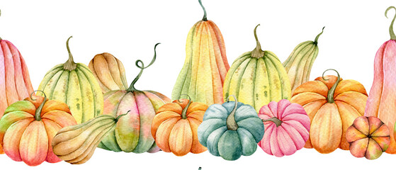 Seamless Fall Garland with Pumpkins, Sunflowers and Leaves. Fall Seamless Horizontal  Background. Autumn Watercolor Illustration. Fall Flower Design. Fall Botanical garland seamless. Border Frame