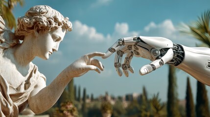 The statue and the robot stretch their hands toward each other and lightly touch with their index fingers. 