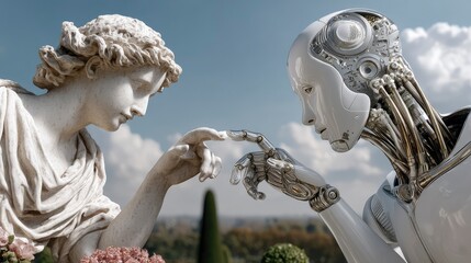 The statue and the robot stretch their hands toward each other and lightly touch with their index fingers. 