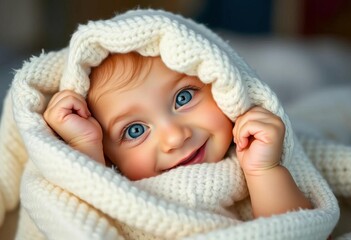 Blue-eyed child playfully pops from white blanket, smiling, kid, happy