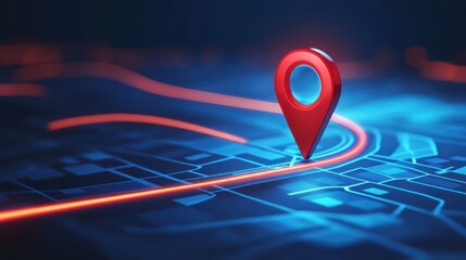Digital map with glowing route and red marker