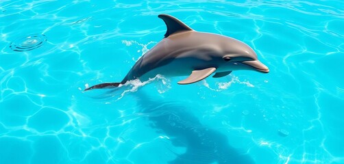 A sleek dolphin leaps and twirls in crystal-clear turquoise water,  leap,   tail