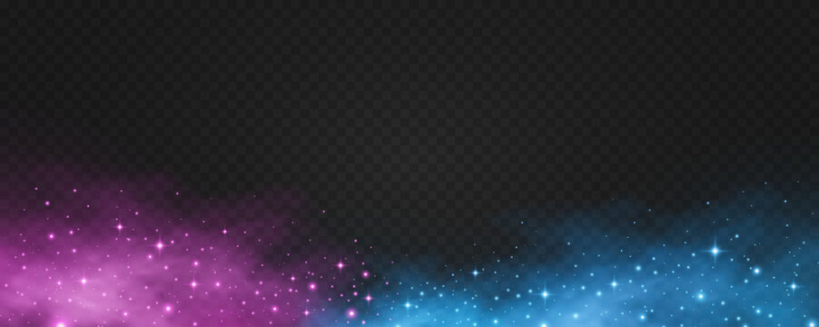 Fototapeta Abstract magical blue and purple dust with glowing particles and fog on transparent background. Light effect of universe stardust. Festive glitter lights for holiday or fantasy design. Vector.