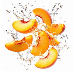 Fresh Peach Slices Exploding with Water Splash on a Clean White Background