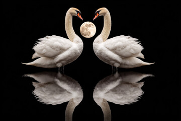 Fototapeta premium Couple of swans and reflection on the water, Love 