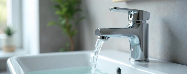 Sleek Chrome Bathroom Faucet Modern Minimalist Design, Gently Flowing Water. Perfect for Contemporary Bathroom Renovations and Interior Design Projects.
