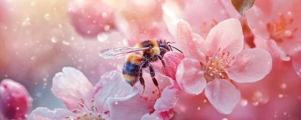 Close-Up of Bumblebee Pollinating a Pink Flower.