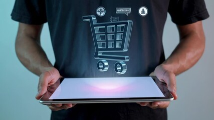 Digital shopping experience featuring person browsing tablet with spinning cart icon, displaying transaction data, highlighting modern e commerce and online payment trends