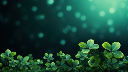 Lush green clover field with abstract bokeh background St. Patrick's Day