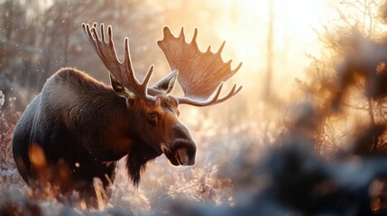 Majestic moose in winter wilderness at sunset amidst snow-covered forest