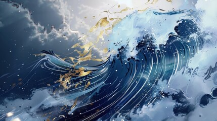 Abstract ocean waves with gold accents and swirling blue patterns