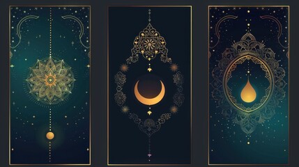 Ornate mandala crescent moon and teardrop on starry night
