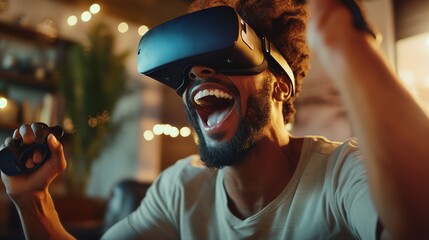 Excitement and joy during virtual reality gaming experience at home in the evening