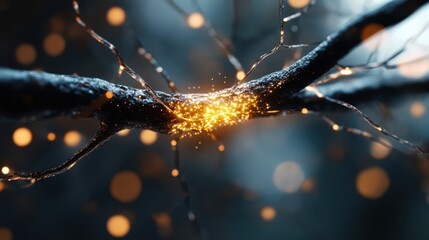 Close-up of glowing neural connections with sparkling highlights